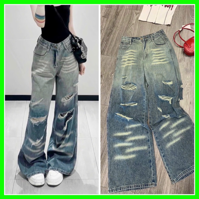 New model double-sided striped ripped straight-leg jeans (HUNE jeans ...