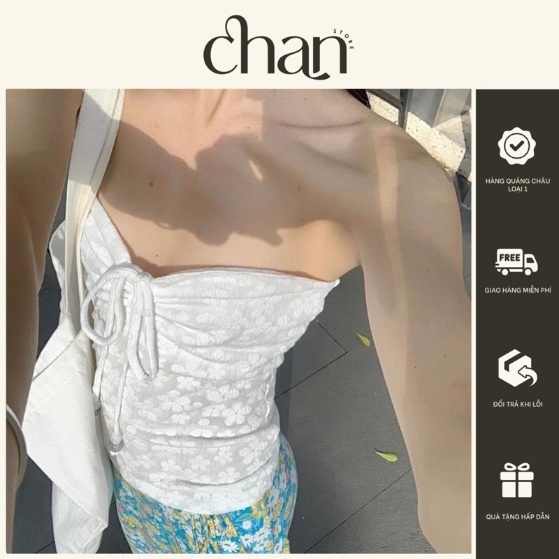 Korean style slim fit wooden drawstring tube top with floral embroidery ...
