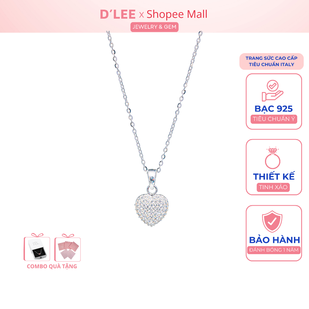 DLEE S925 Silver Necklace with Heart Pattern and Full Sparkling Plate ...