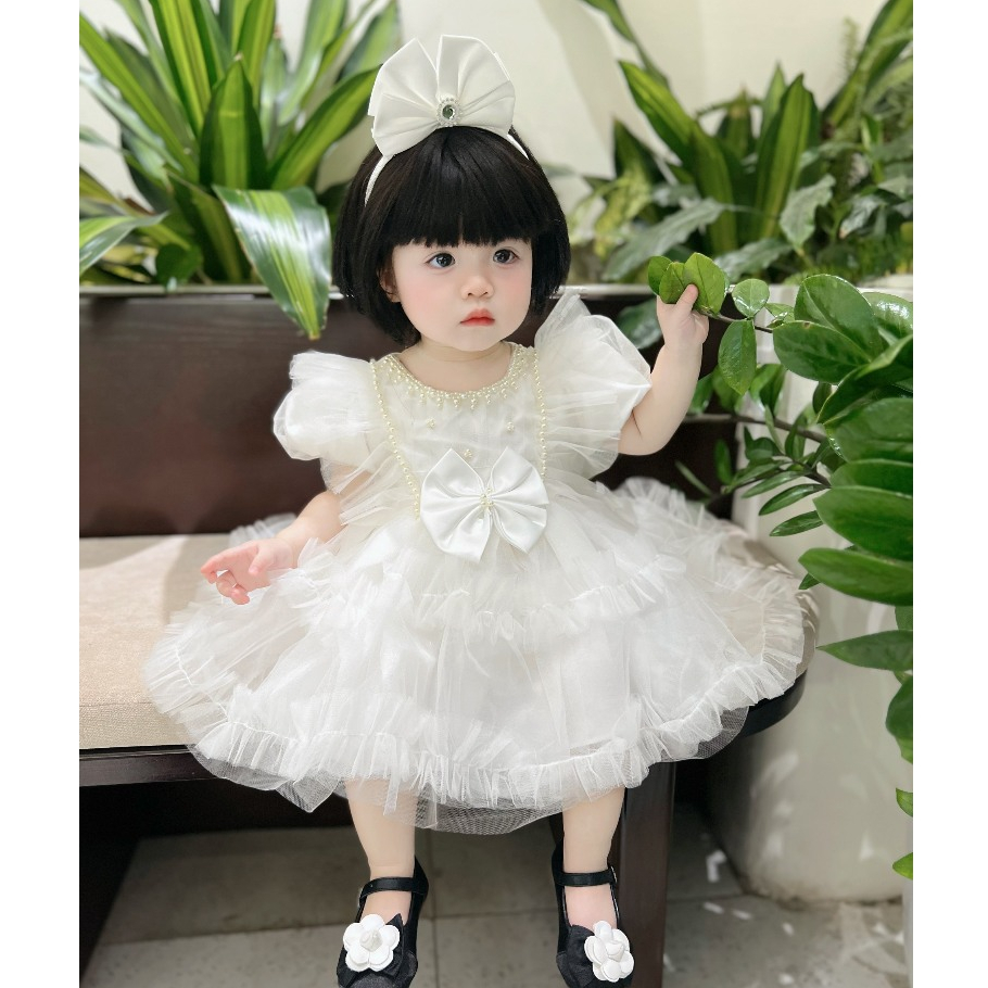 Váy công chúa dài tay cổ ngọc kèm cài 4-14 kg,Váy cho bé gái đầy tháng thôi nôi sinh nhật