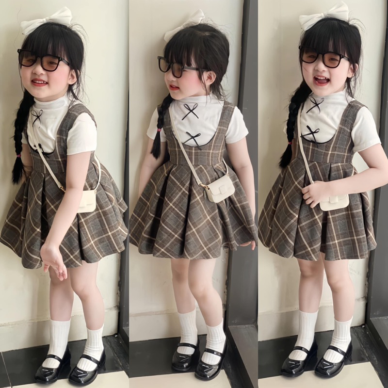 F4- Hằg kids YẾM VÁY KẺ SỌC NÂU , KÈM  ÁO THUN TĂM NƠ XINH CHO BÉ GÁI (10-35kg)