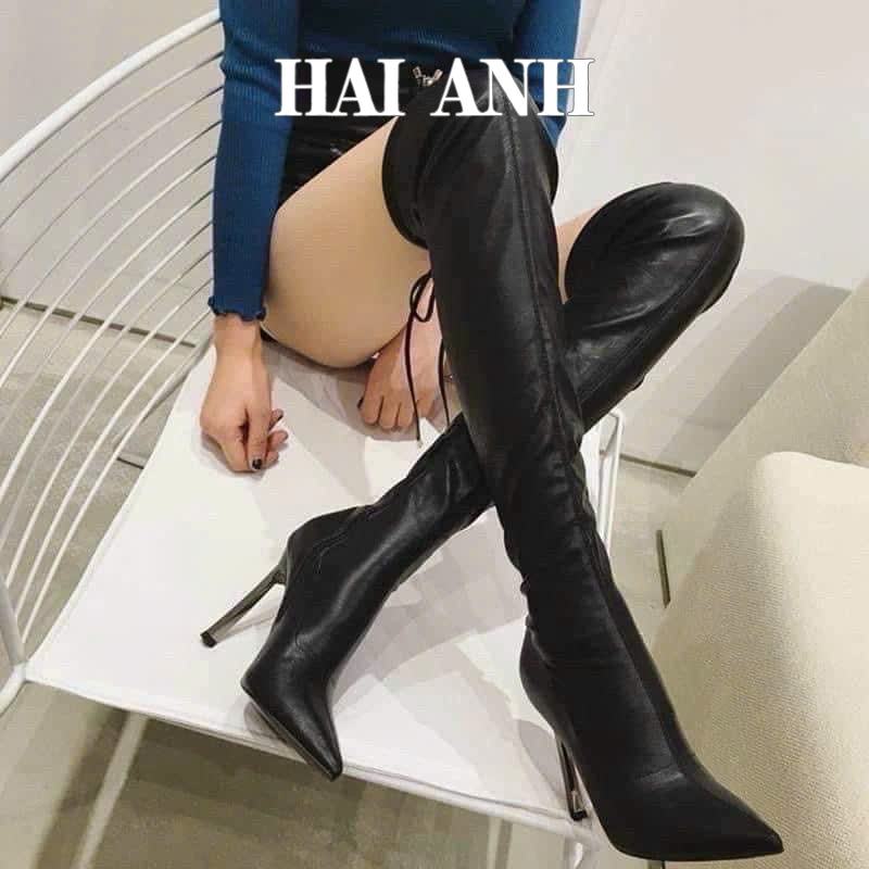 Pointed Toe Silk Satin Knee Thigh Boots