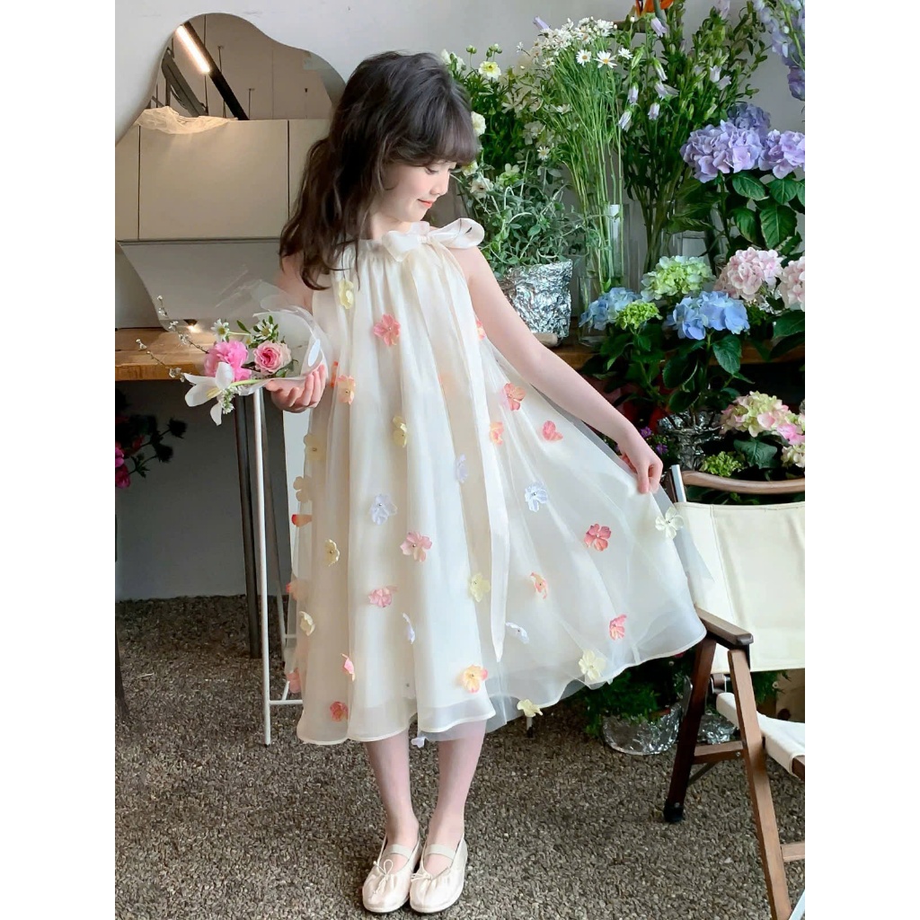 Đầm thiết kế bé gái đính hoa thủ công, váy công chúa bé gái, đầm đi tiệc sinh nhật bé gái size đại