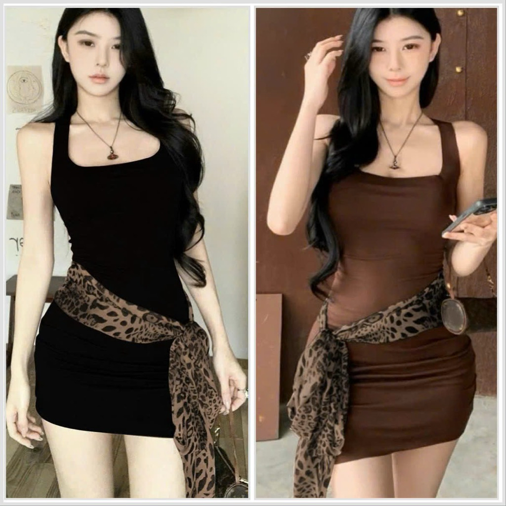 Women's two-strap bodycon dress with square neck and leopard strap at ...