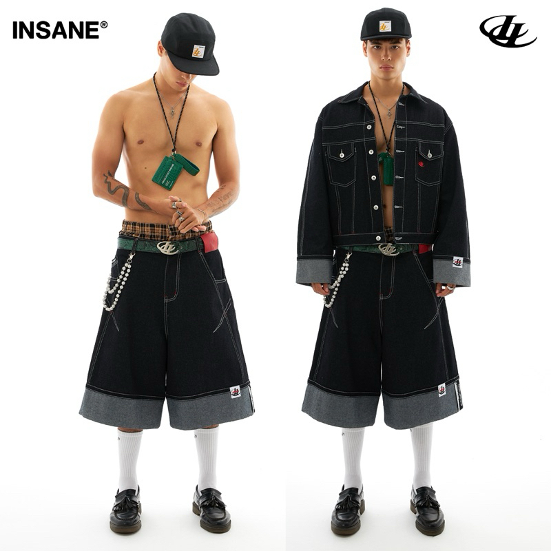 InsaneCl FOLDLOCK RAW DENIM JORTS Loose Knee-Length Unisex Denim