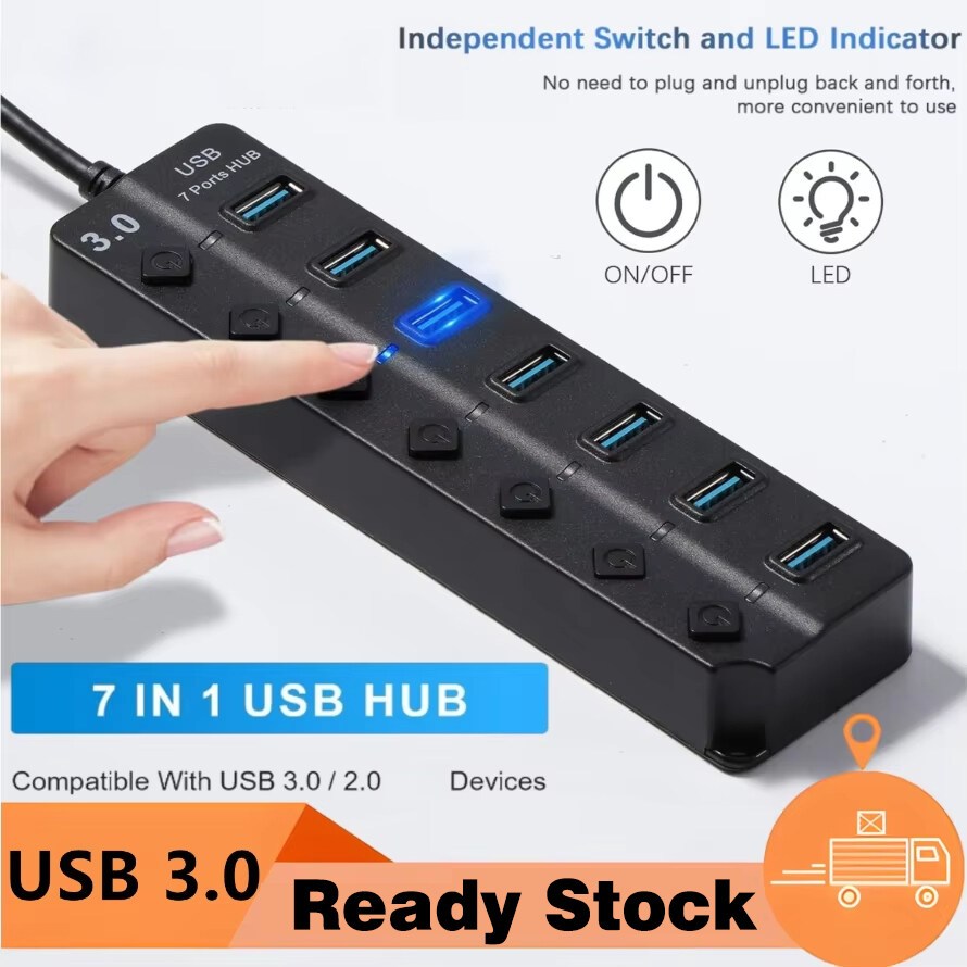 USB Hub 3.0/2.0 High Speed 4/7 USB 3.0 Port Hub Splitter ON/OFF Convert ...