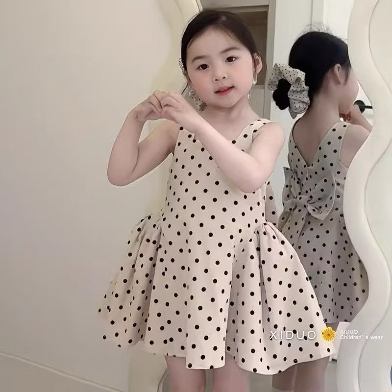 váy công chúa 2 lớp có lót trong chất liệu lụa mango màu Cafe sữa chấm bi nâu sô-cô-la cho bé 12-38kg