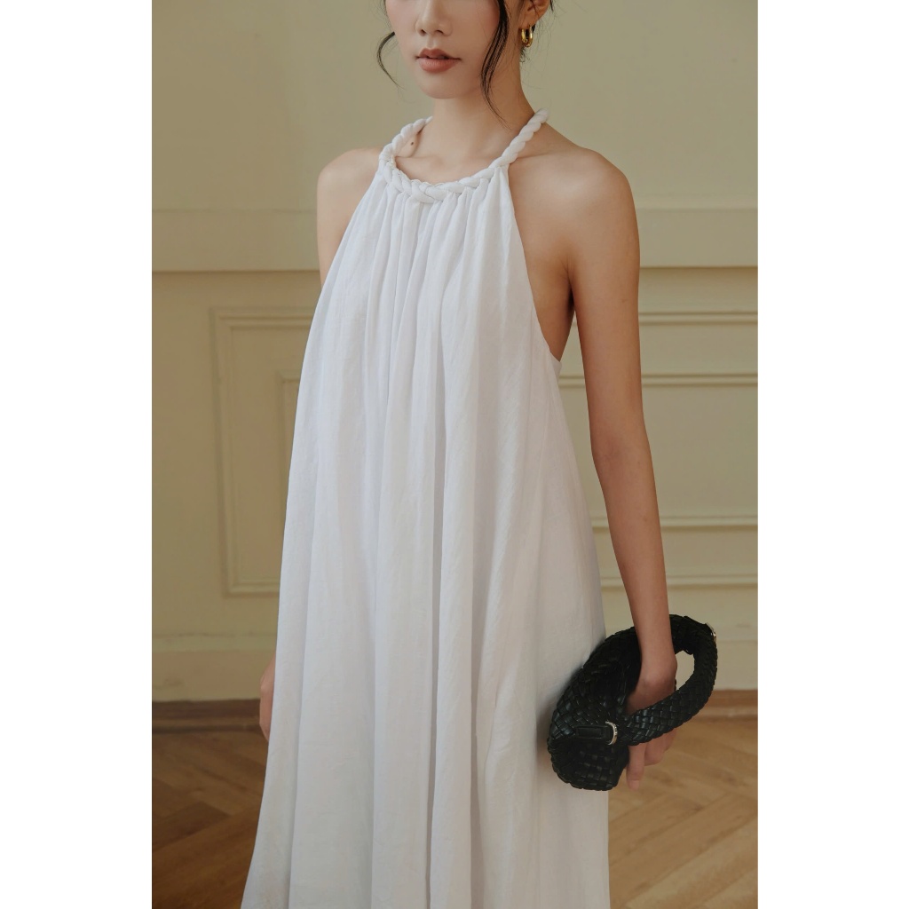 Linen Mira Dress with rope collar, comfortable summer flared Dress ...