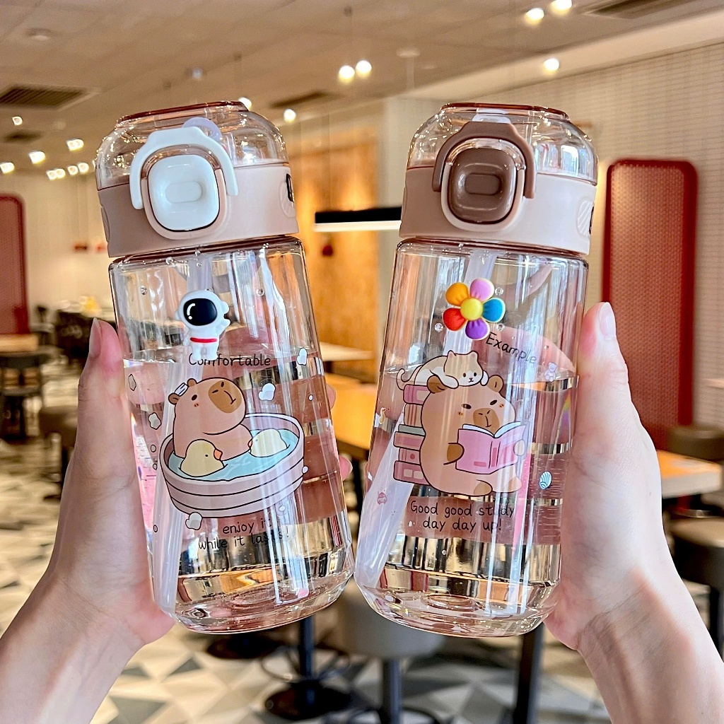 Transparent Water Bottle With Straw High Quality Cute Capybara Pattern 