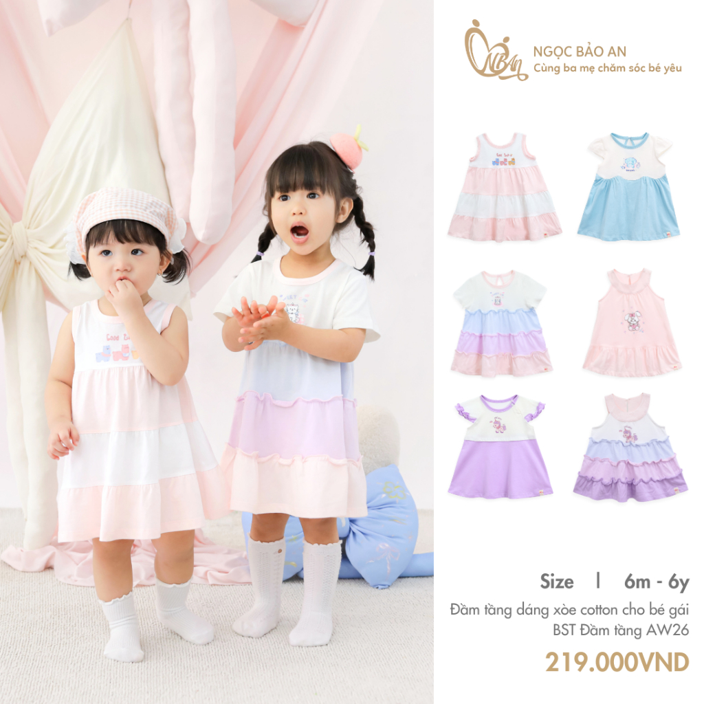 Ngọc Bảo An (6M-6Y) Đầm tầng dáng xòe chất cotton thoáng mát thời trang bé gái đáng yêu, xinh xắn từ 7.4kg - 23kg
