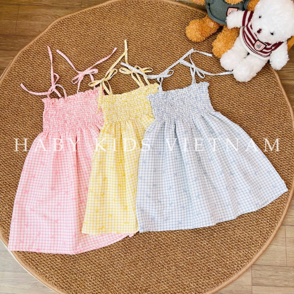 Váy Hai Dây Bé Gái HABY KIDS Chun Ngực Chất Đũi Hàn Mềm Mịn Dáng Xòe Họa Tiết Caro Nhẹ Nhàng 10–20KG