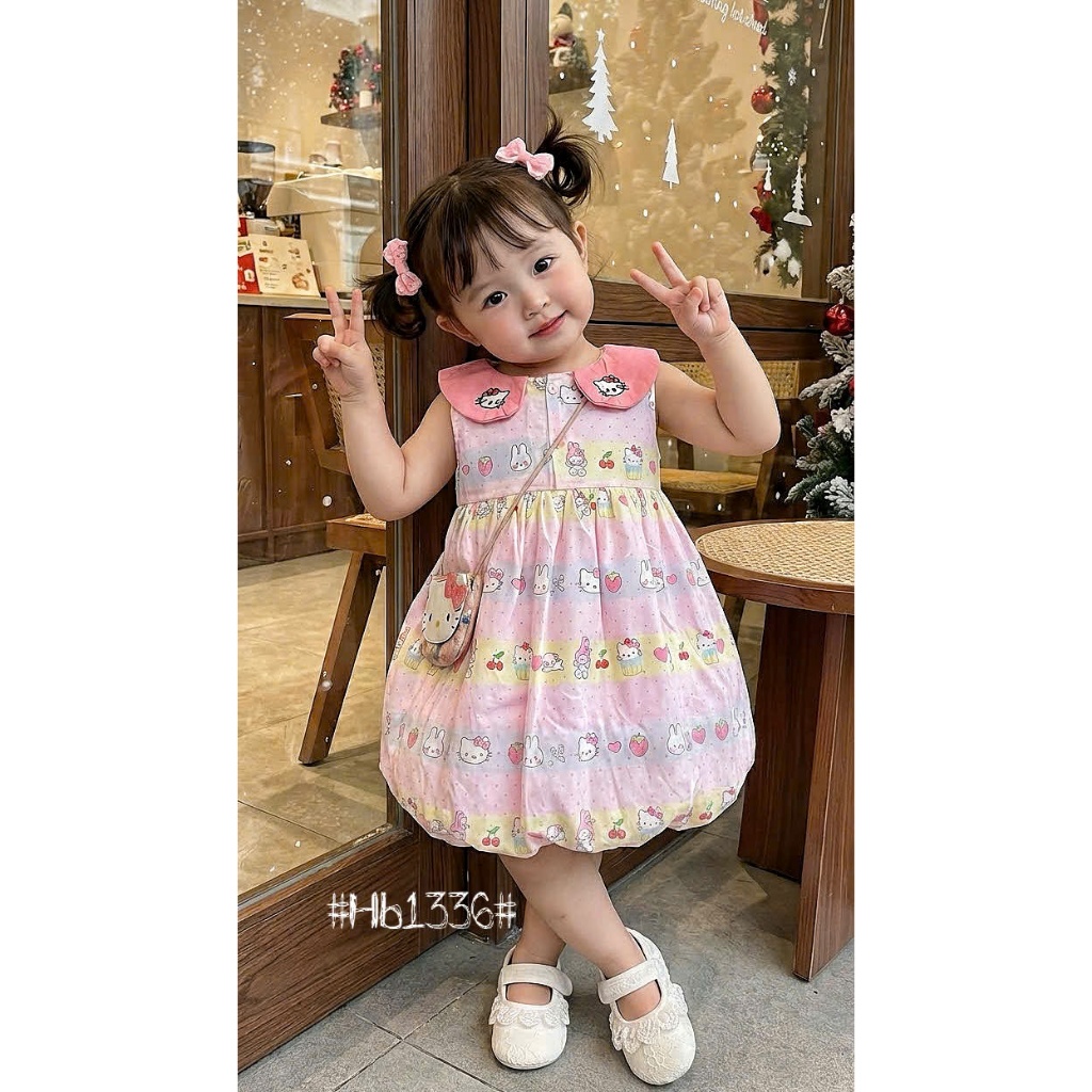 ( Song Ngư Kids )- Váy Xoè Thêu Mèo Hello Kitty Hồng,xinh xắn,đáng yêu,chất thô mềm mại cho bé Gái ( size 8-28kg )