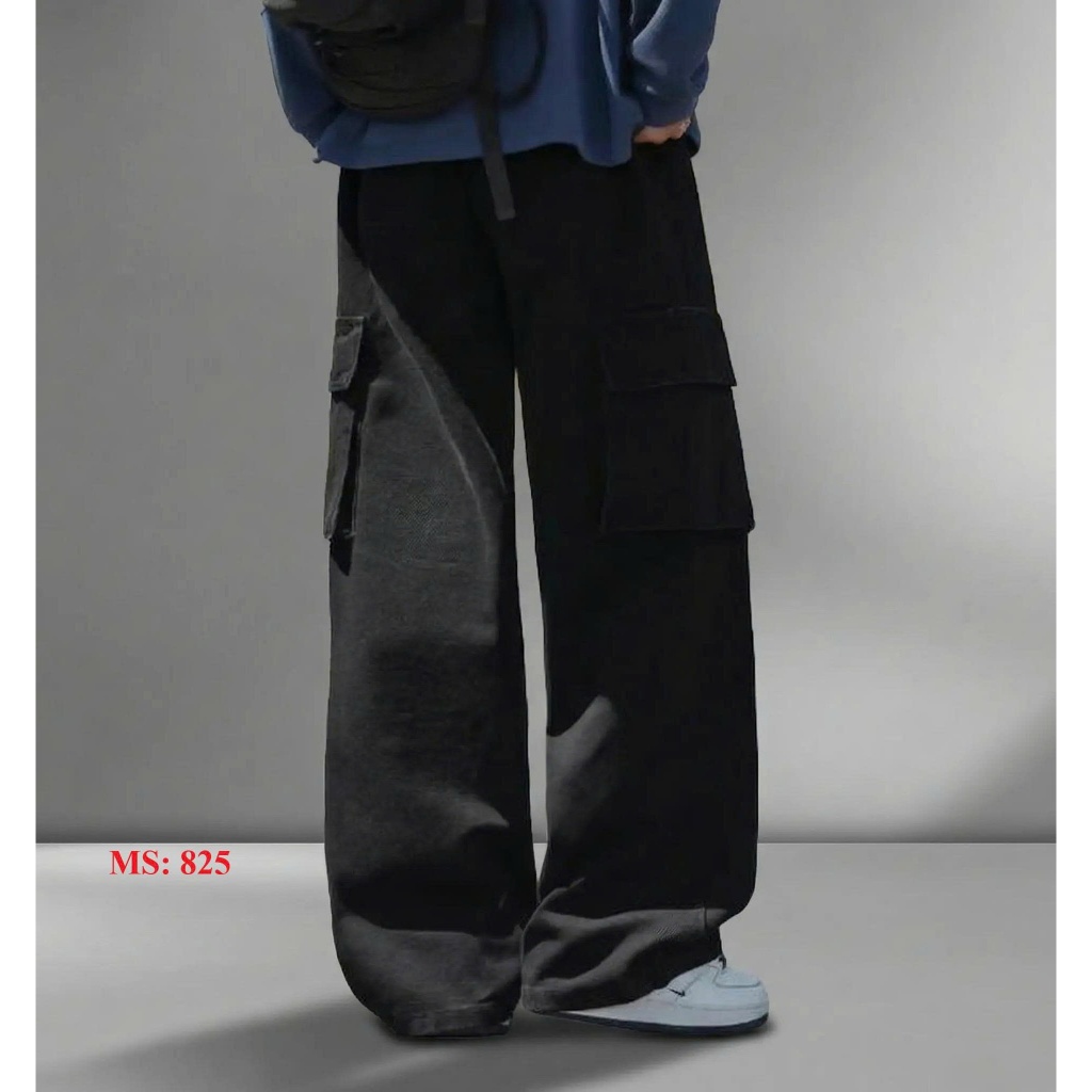 Men's blue wide-leg baggy pants with box pockets, men's wide-leg