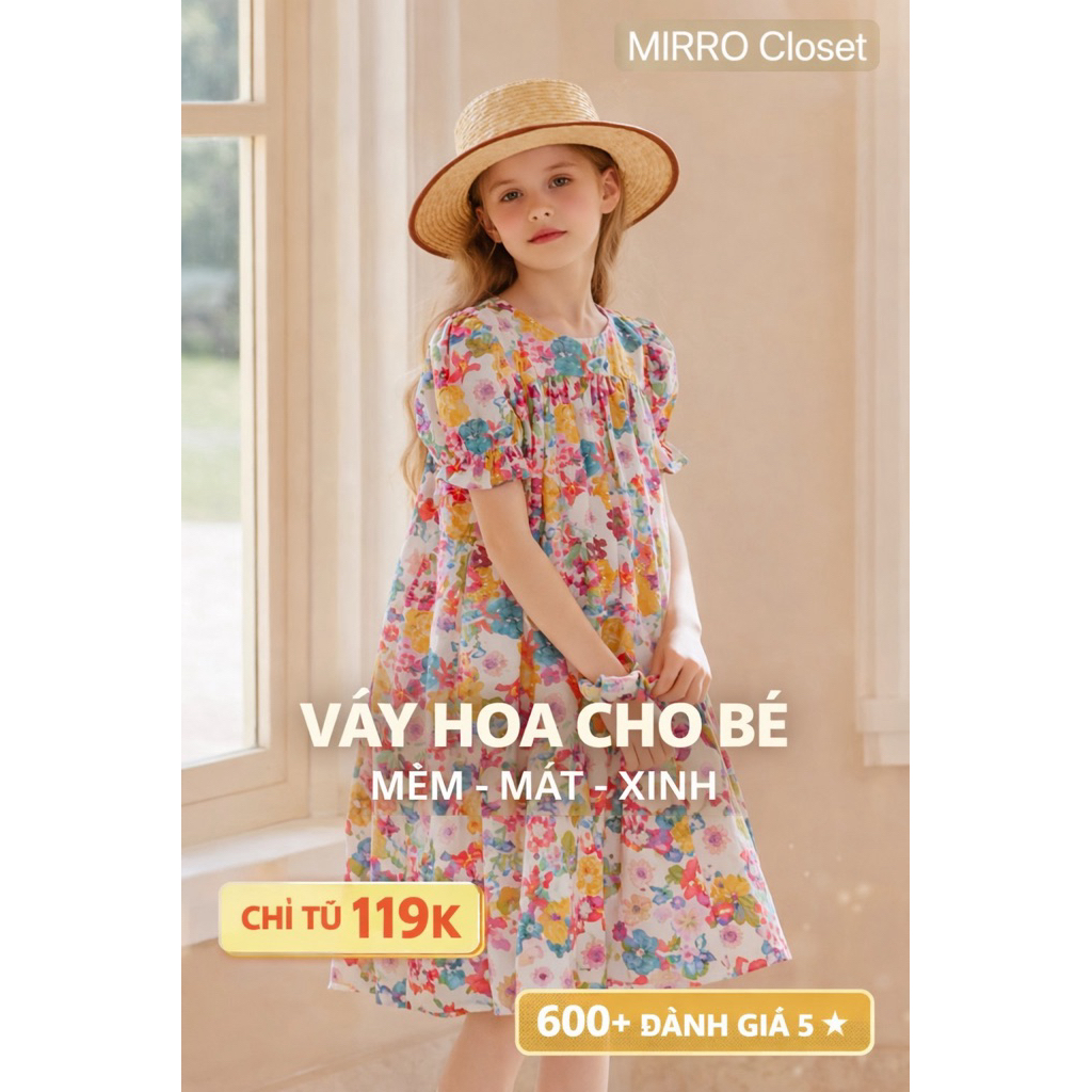 [HÀNG THIẾT KẾ MIRRO] Váy Cho Bé Váy Hoa Nhí Tay Bồng Váy Mùa Hè Vải Thô Hàn Đầm Công Chúa Cho Bé Gái 10 - 50kg