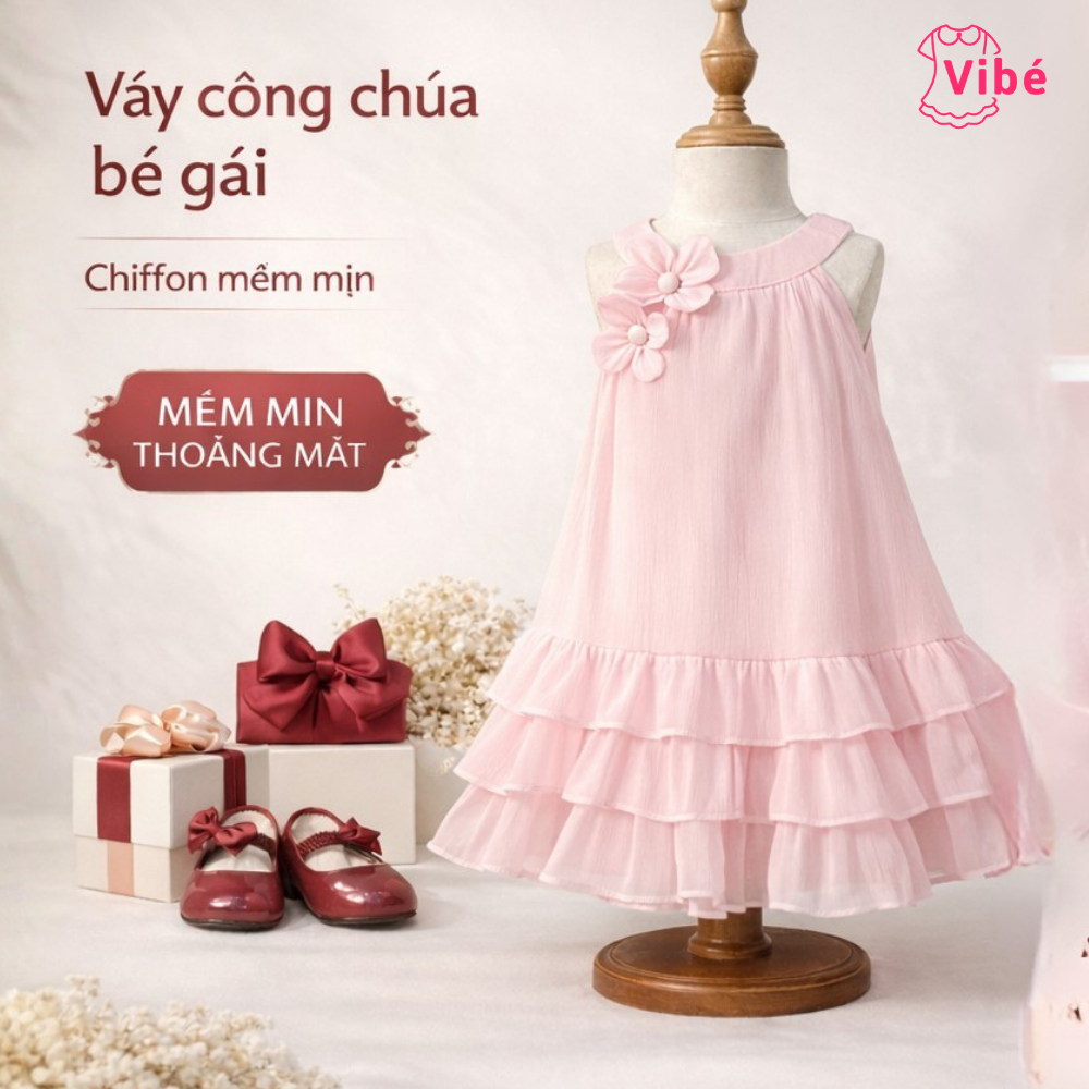 Váy Công Chúa Bé Gái Xếp Tầng, Đính Hoa 3D, Vải Voan Cao Cấp, Phù Hợp Đi Tiệc, Sinh Nhật Vibe Oh39
