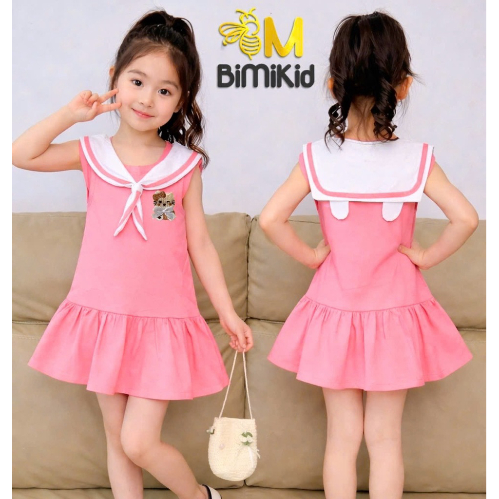 3TKITTY-Váy Cho Bé Gái BiMiKid(8kg-36kg)Phong Cách Hàn Quốc Cổ Hải Quân, Đầm Sát Nách Công Chúa Họa Tiết Gấu Dễ Thương