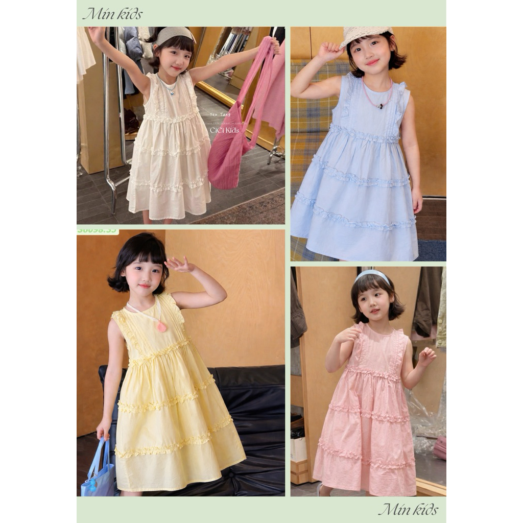 Đầm sát nách tone màu pastel cho bé. Váy sát nách cho be tone màu pastel. Váy sát nách, xếp ly, bèo tầng màu trơn.