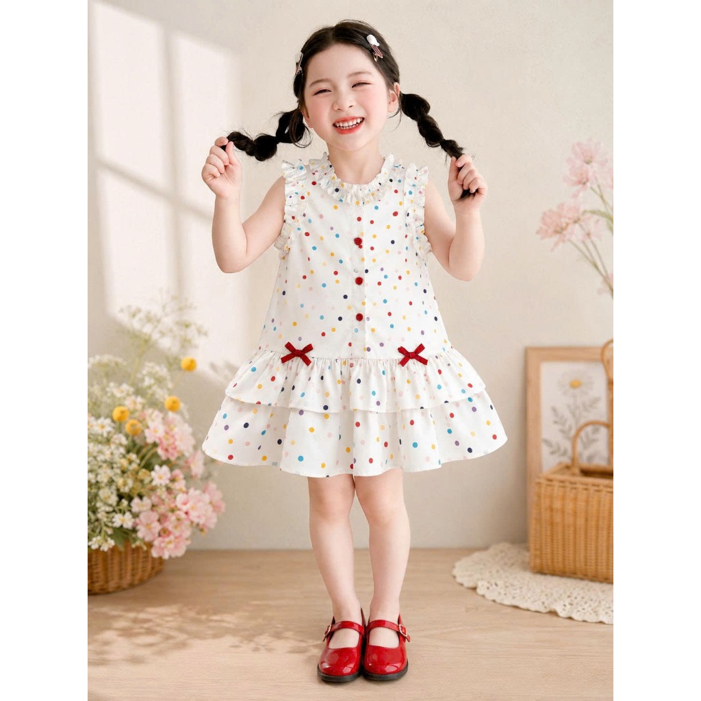 DEAL MỞ BÁN- Đầm Váy Họa Tiết Chấm Bi Phối Viền Bèo Dáng Váy Xòe Cho Bé Gái ( đủ size 14-28kg)