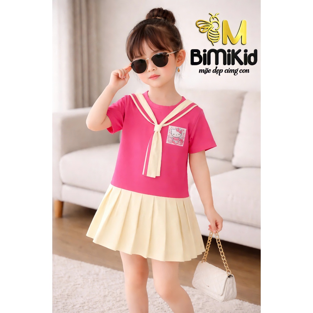 DAYSOC-Váy Thủy Thủ Cho Bé Gái BiMiKid Đầm Cotton Hello Kitty Dáng Xòe Xếp Ly Phong Cách Hàn Quốc Cho Trẻ Em (10-36Kg)