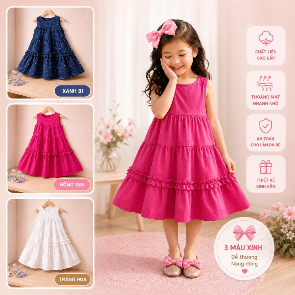 Váy Bé Gái Size Đại 11 Tuổi - Đầm bé gái 35kg - Chất Cotton Mềm Mát - Váy Trẻ Em Cúc Sau