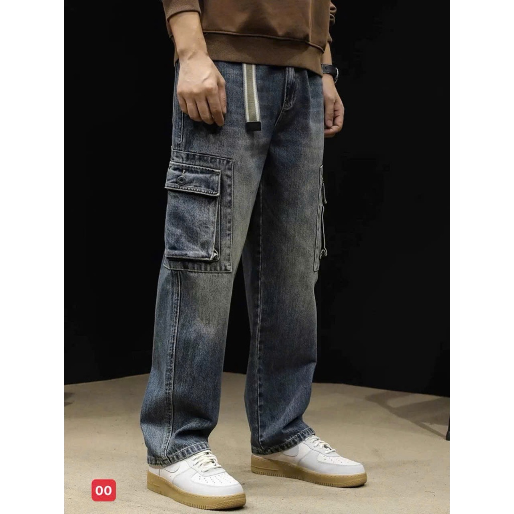 Men's blue wide-leg baggy pants with box pockets, men's wide-leg