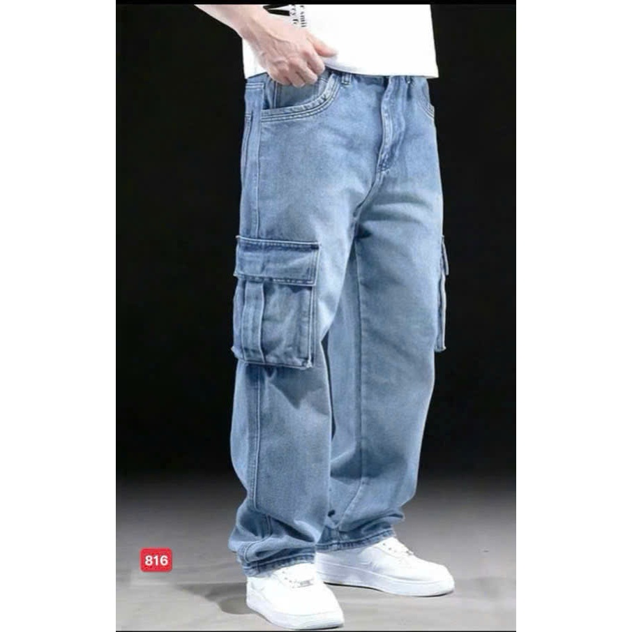 Men's blue wide-leg baggy pants with box pockets, men's wide-leg