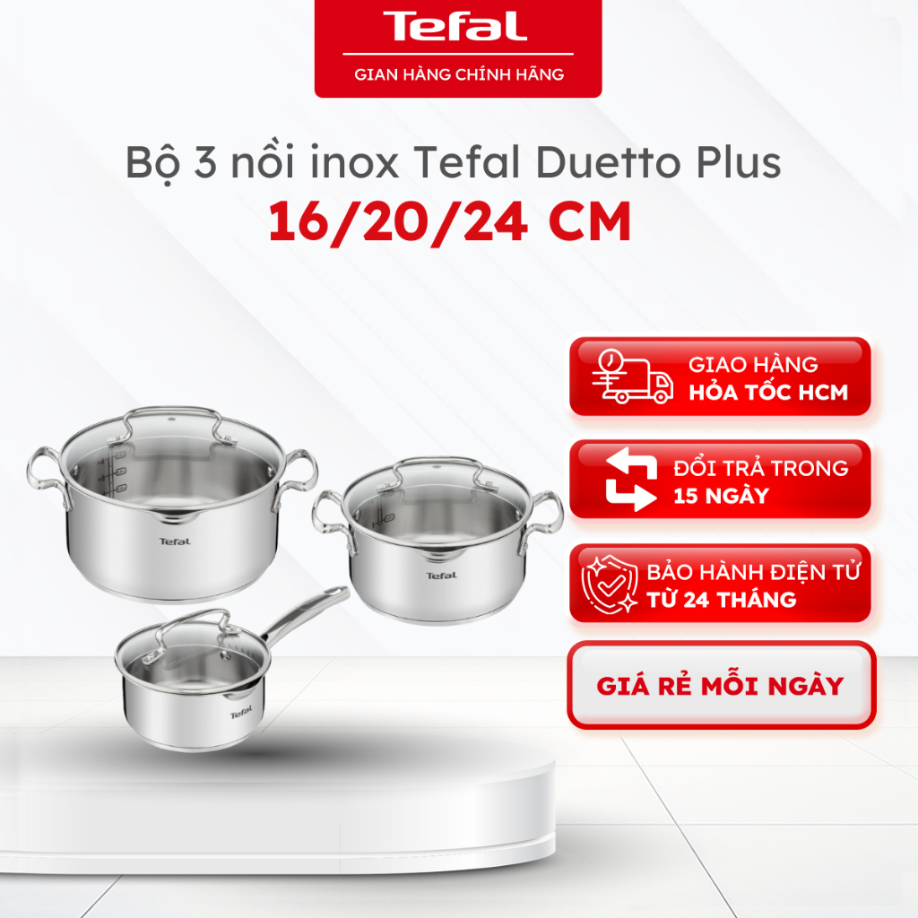 Set of 3 Tefal Duetto Plus stainless steel pots G719S674, 16/20/24 cm ...