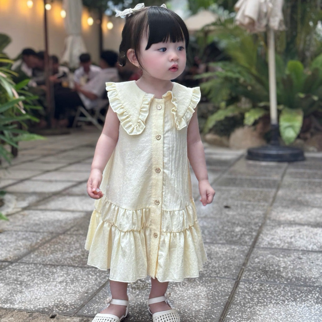 Đầm Xuông Chất Đũi Cổ Nhún Bèo Cho Bé Gái Mặc Đi Chơi Đi Học Nhiều Màu Từ SS - 35kg Váy Trẻ Em Đa Dạng Màu Sắc