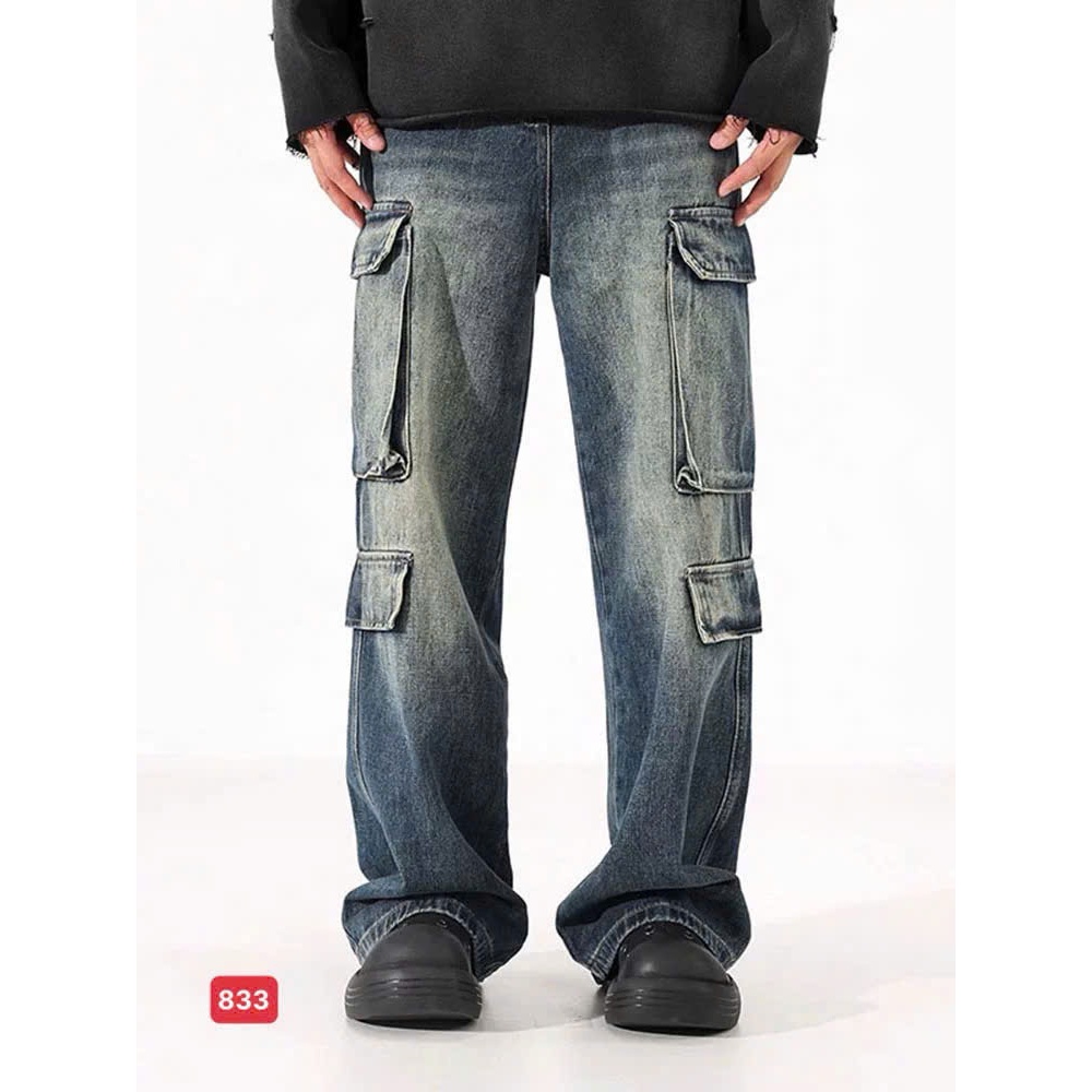 Men's blue wide-leg baggy pants with box pockets, men's wide-leg