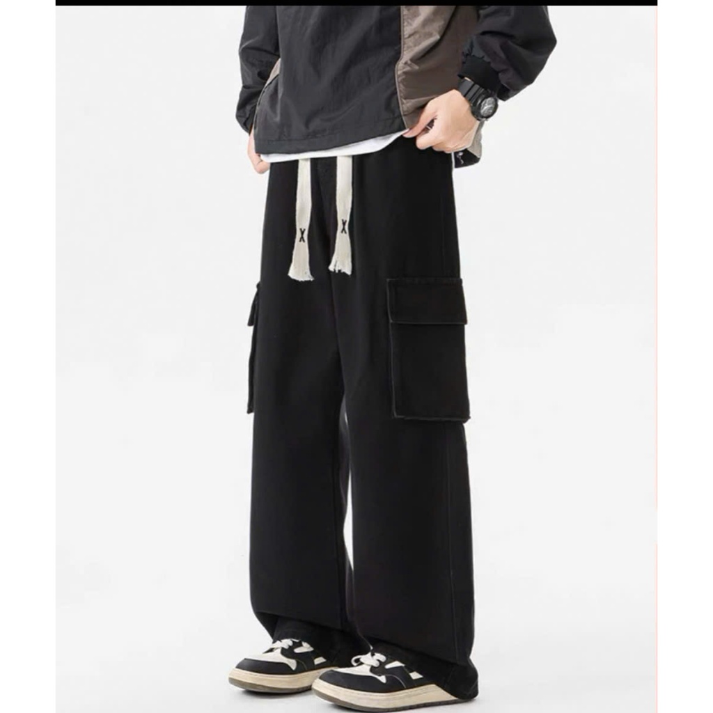 Men's blue wide-leg baggy pants with box pockets, men's wide-leg