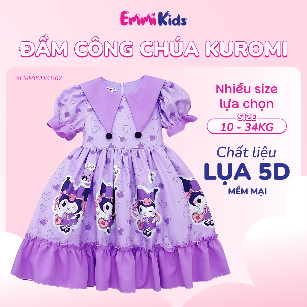 Váy lolita cho bé gái EMMIKIDS B62, đầm công chúa kuromi melody lụa 5d mềm mại, may 2 lớp tỉ mỉ đủ size 8-34kg