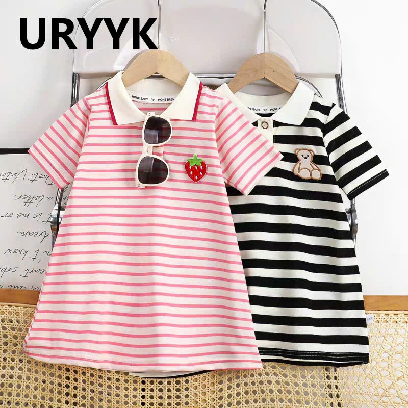 Váy xuông chữ A cổ polo dành cho bé gái 9-35kg mẫu THÊU GẤU DÂU. Chất liệu poly mềm mại.