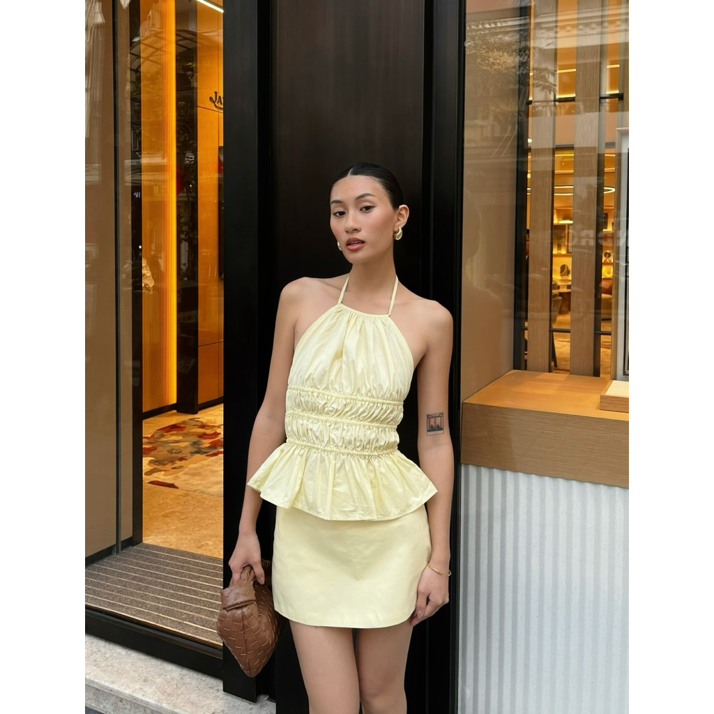 Lemon Smoked Peplum Top Backless Top | Yellow Backless Shrug Collar ...