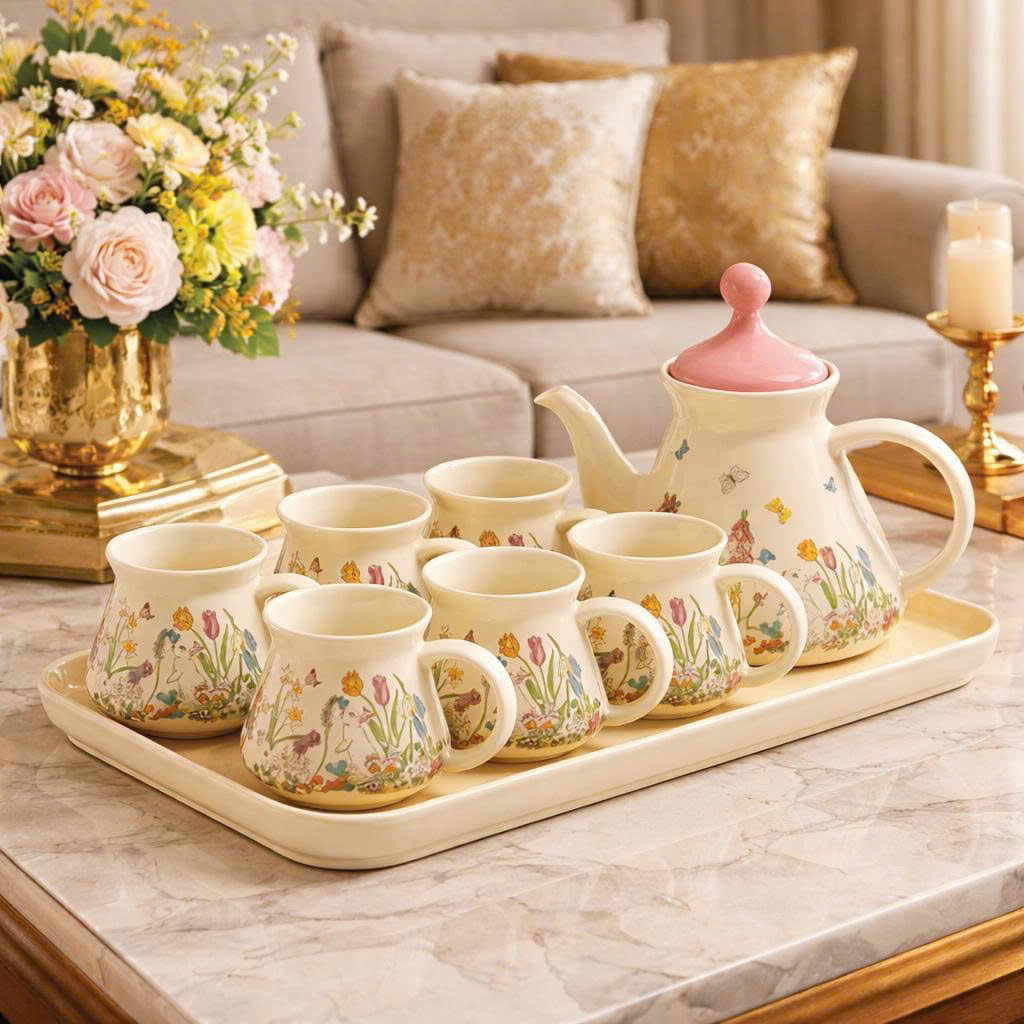 Vintage Floral Rabbit Pattern Porcelain Tea Set - Luxurious Tea Table ...