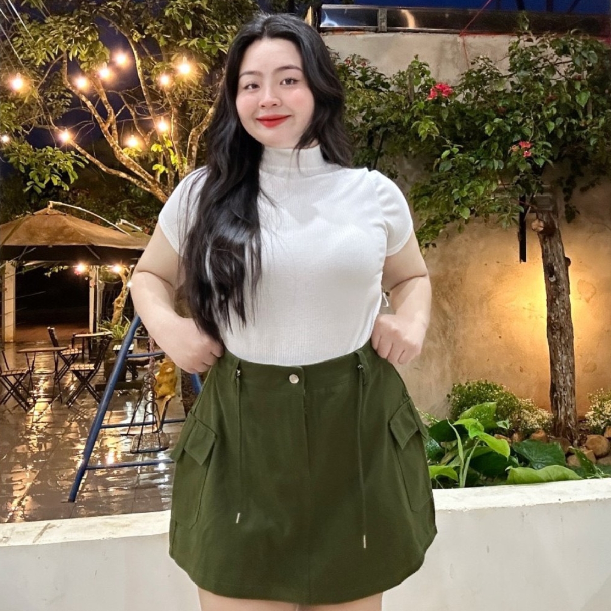 Women s short A line big size khaki skirt with decorative pockets on both sides with flexible adjustable drawstring CV18 Shopee Singapore