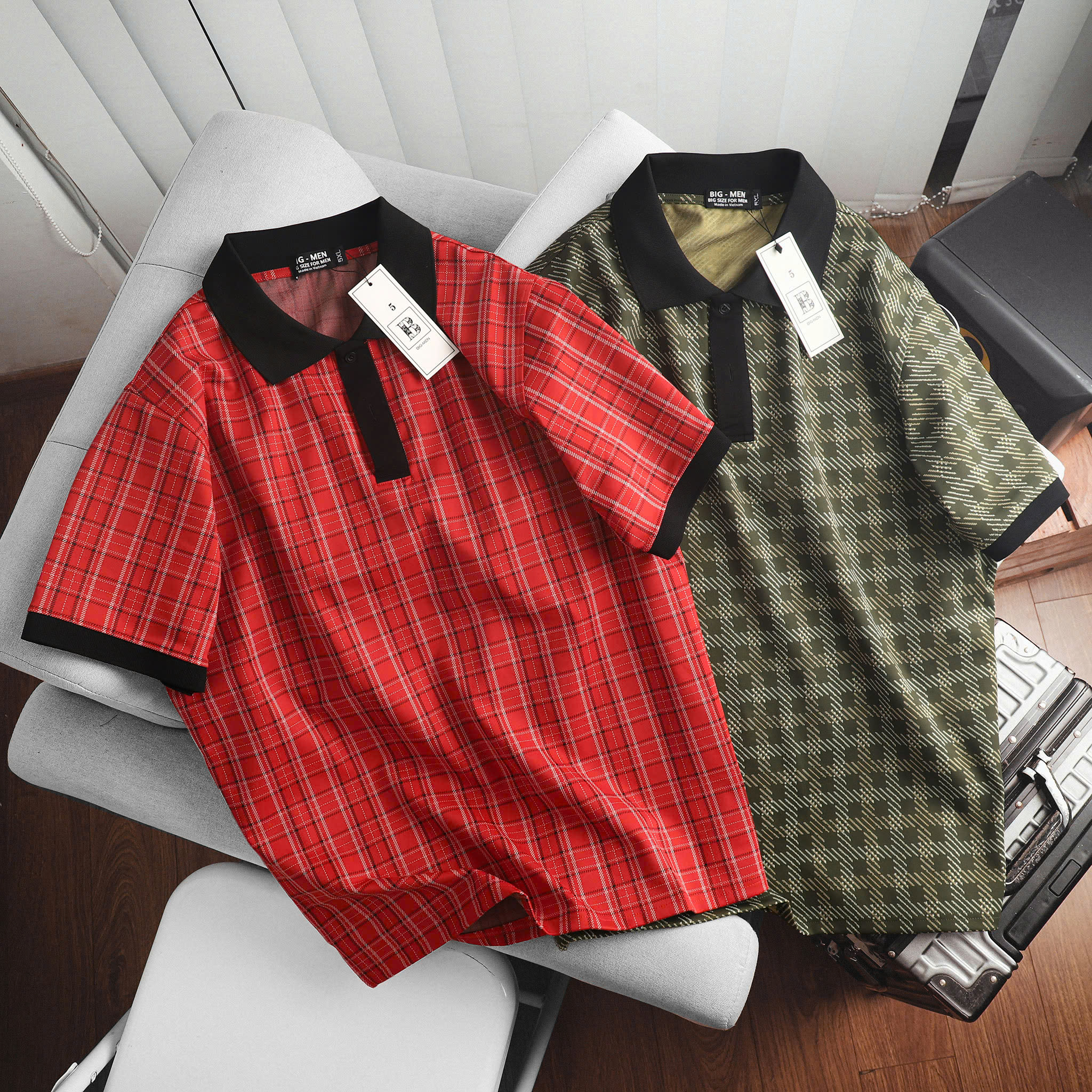 [Big Men] polo t-shirt made of umi fabric with checkered pattern, Big ...