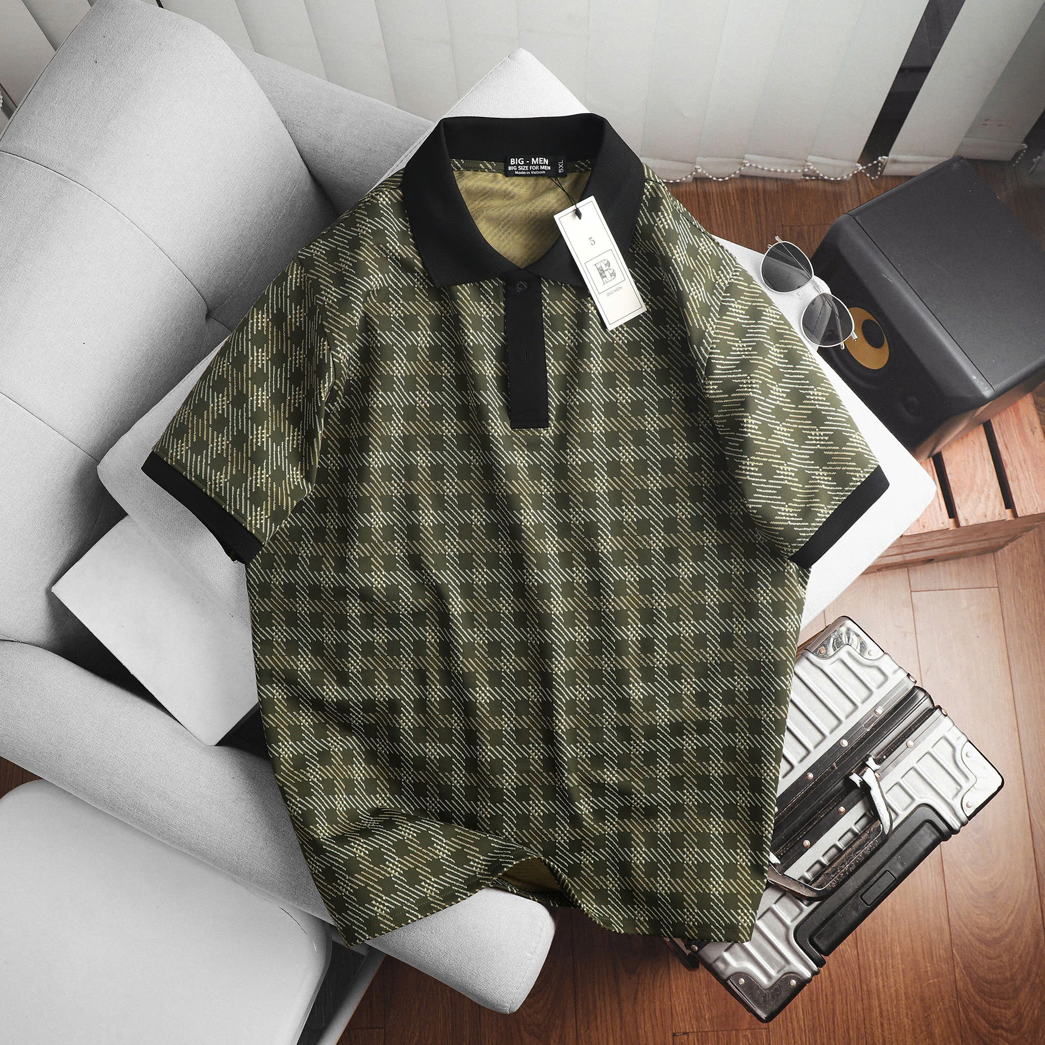 [Big Men] polo t-shirt made of umi fabric with checkered pattern, Big ...