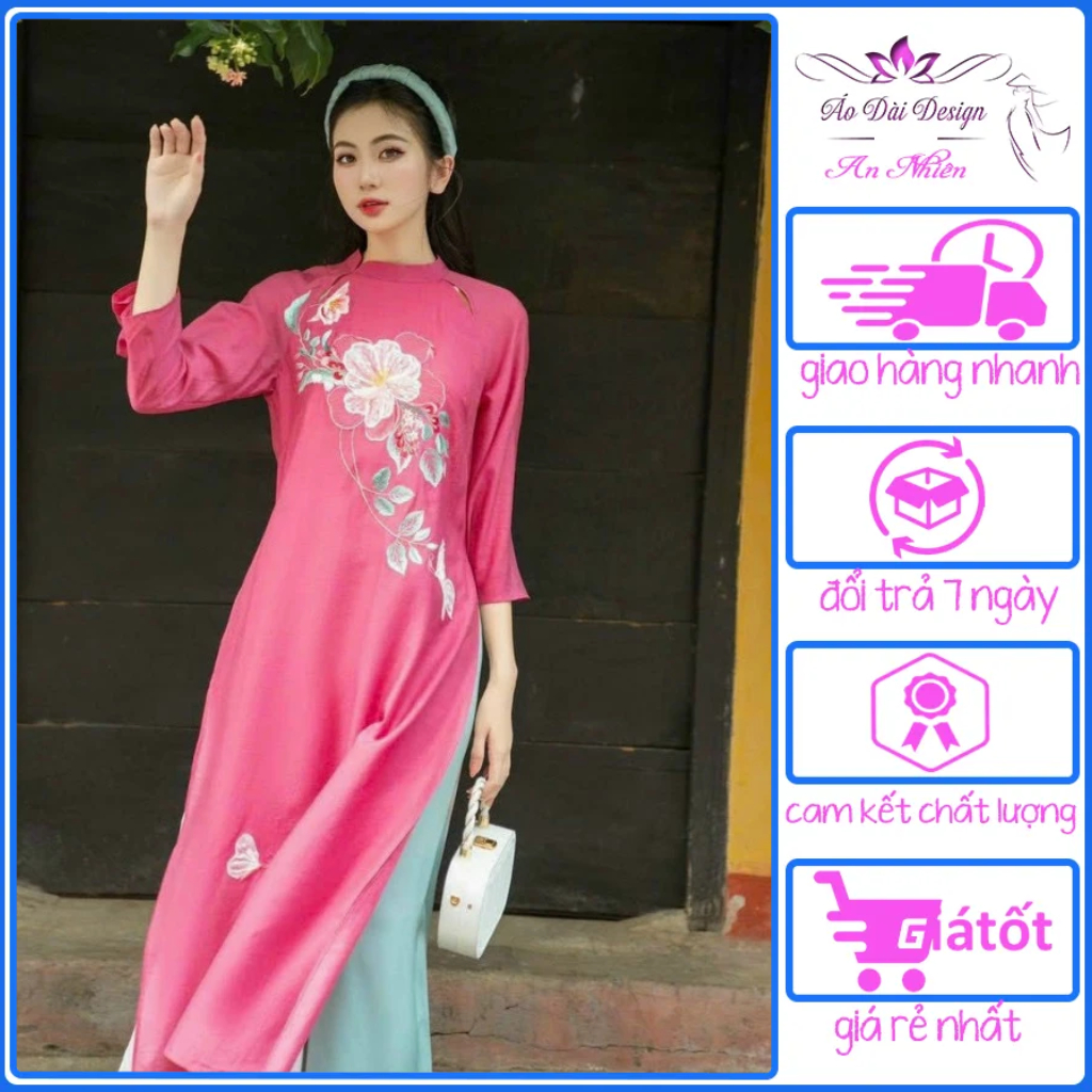 Innovative ao dai design, embroidered pattern high quality silk