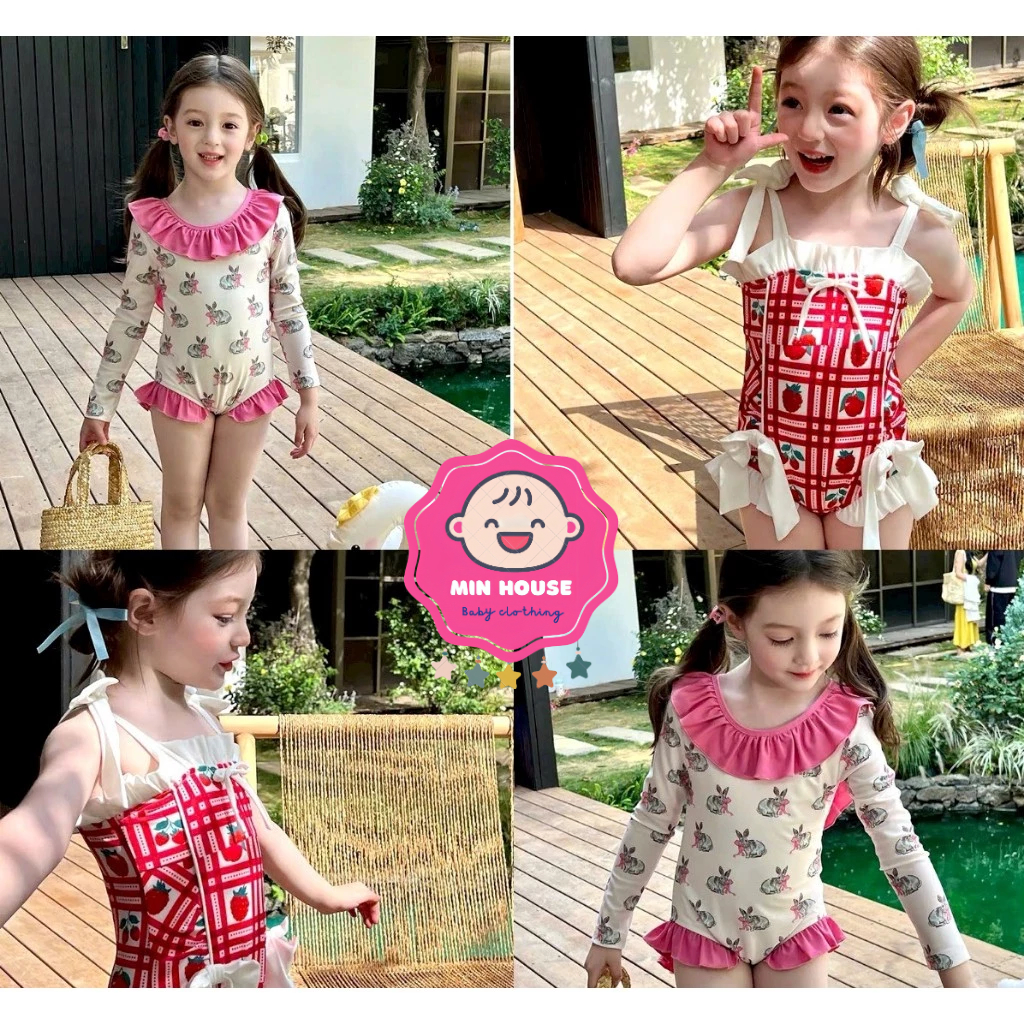 Swimwear, one-piece bikini with pink ruffles and cartoon rabbit ...