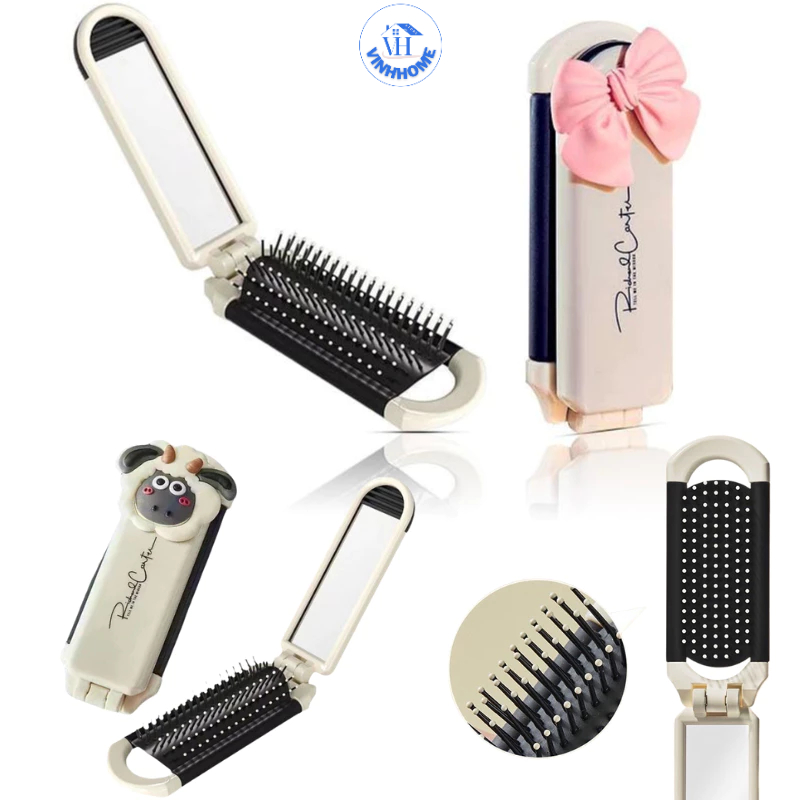 TRI [Gratitude Price] Foldable Handheld Mirror Hair Comb Set with Pink ...