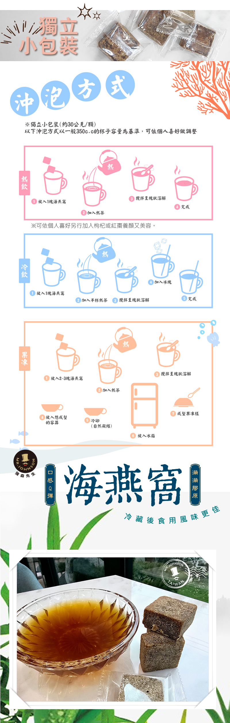 此圖為海燕窩的沖泡說明，熱飲,冷飲,果凍口感皆可做出來的食品。
           